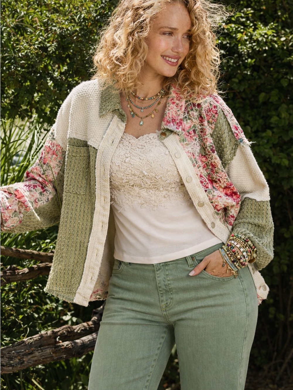 NWT POL Sage Green and Cream Patchwork Floral Knit Jacket Top